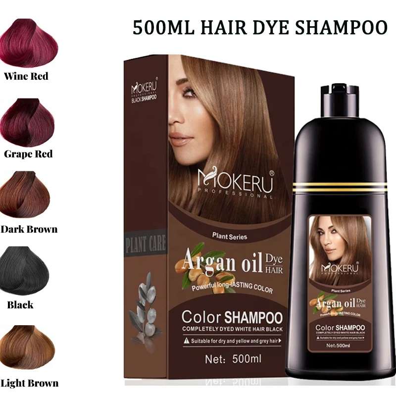 Mokeru 500ml Natural Argan Oil Hair Color Shampoo Dye (Dark Brown,Ligh Brown, Black,Grap Red,Wine Red)