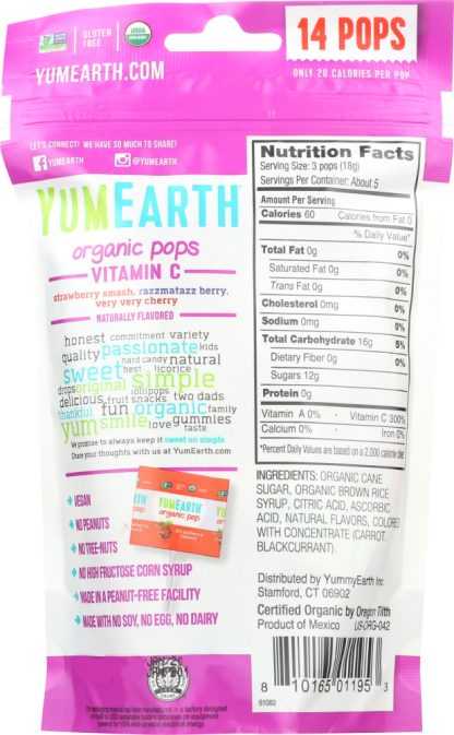YUMMY EARTH: Organics, Organic Vitamin C Pops 14 Lollipops, 3 oz