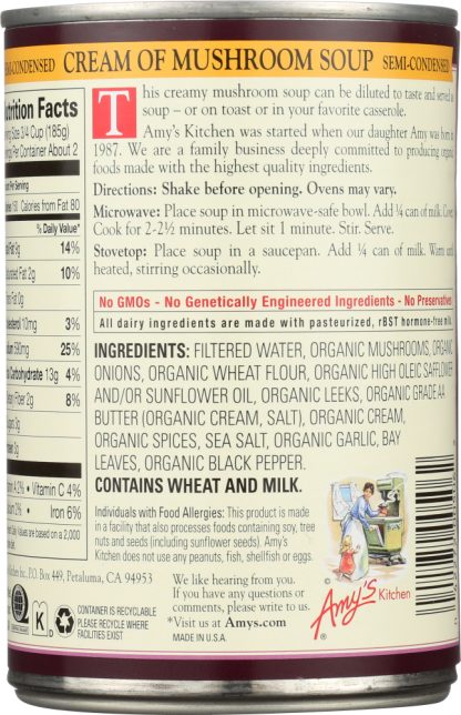AMY'S: Organic Soup Semi-Condensed Cream of Mushroom, 14.1 oz
