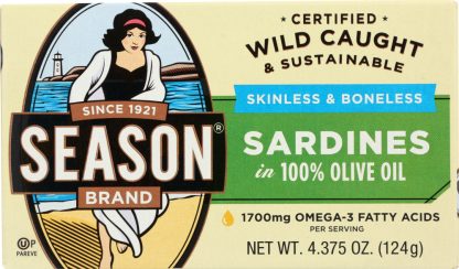 SEASONS BRAND: Imported Skinless & Boneless Sardines in Pure Olive Oil Salt Added, 4.375 Oz