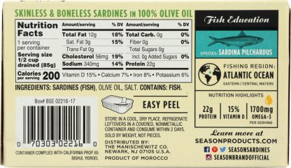SEASONS BRAND: Imported Skinless & Boneless Sardines in Pure Olive Oil Salt Added, 4.375 Oz