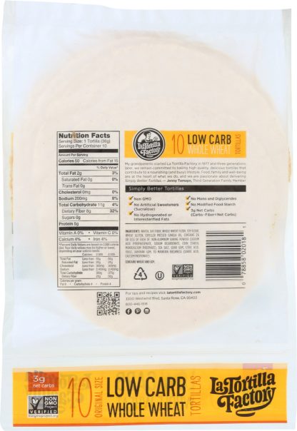 LA TORTILLA: Factory Whole Wheat Low Carb Tortillas, 13 oz