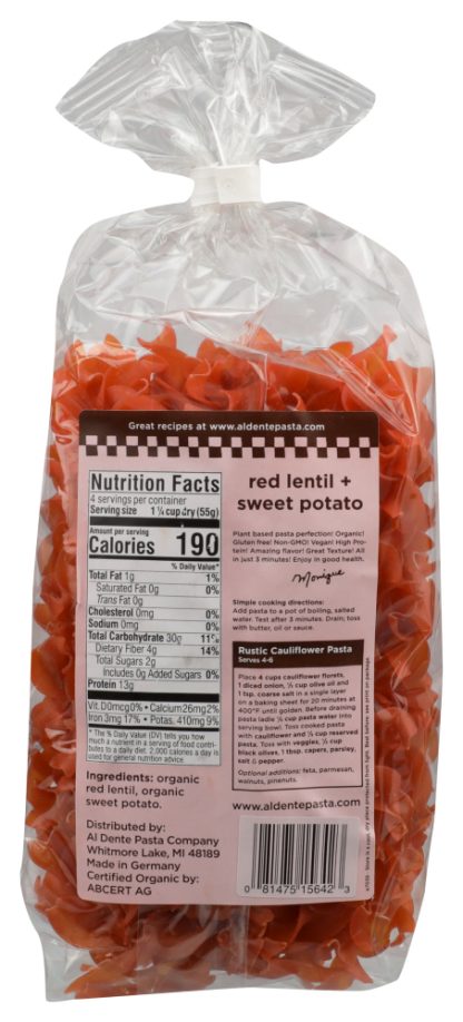 AL DENTE: Red Lentil Sweet Potato Plant Based Pasta, 8 oz