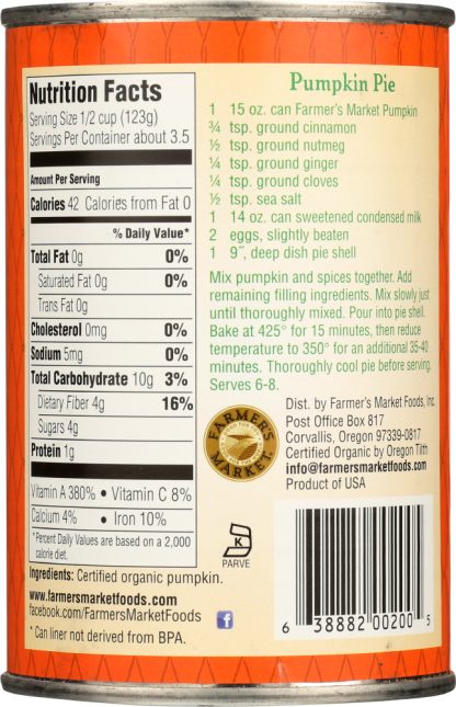 FARMERS MARKET FOODS: Organic Canned Pumpkin, 15 oz