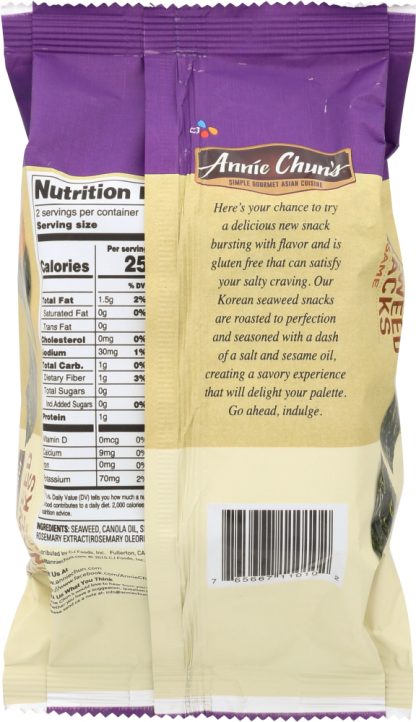 ANNIE CHUN'S: Sesame Roasted Seaweed Snacks Mild, 0.35 oz