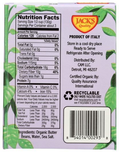 JACKS QUALITY: Organic Low Sodium Butter Beans, 13.4 oz