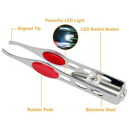 LED Eyebrow Tweezer Stainless Steel Make Up Tweezer w/ LED Light Rubber Finger Pads