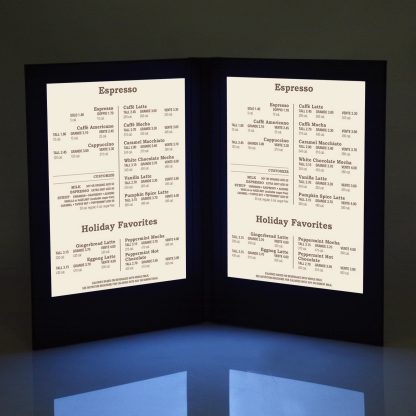 5.5"x11" OR 10"x17" OR 8.5"x11"Dual Page Backlit Menu Cover