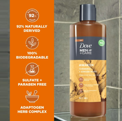 Dove Men+Care Liquid Face + Body Wash for Men Awaken Turmeric + Ginger Root;