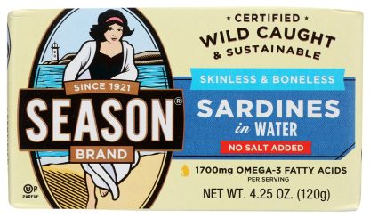 SEASON: Skinless and Boneless Sardines in Water No Salt Added, 4.25 oz