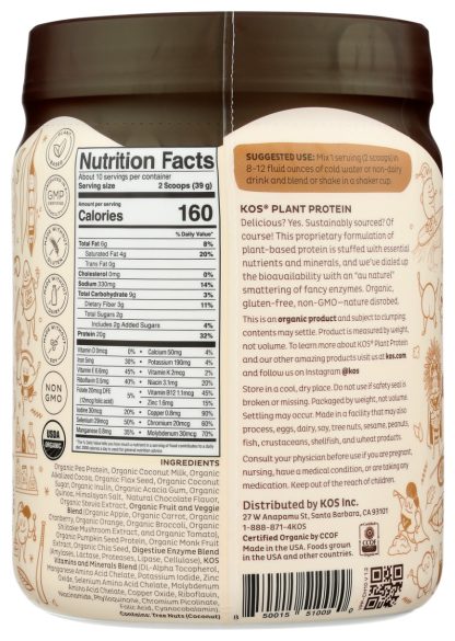 KOS: Organic Plant Protein Chocolate Powder, 13.75 oz